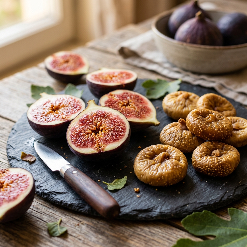 Fresh purple figs cut open to show their pink interiors alongside whole dried golden-brown anjeer figs.