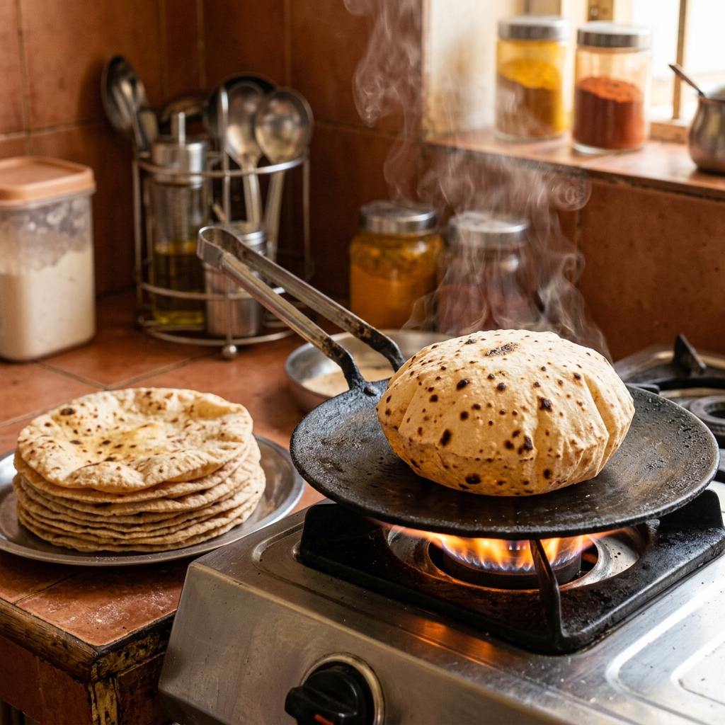 A stack of warm whole wheat rotis puffing over an open flame on a traditional tawa in a home kitchen.