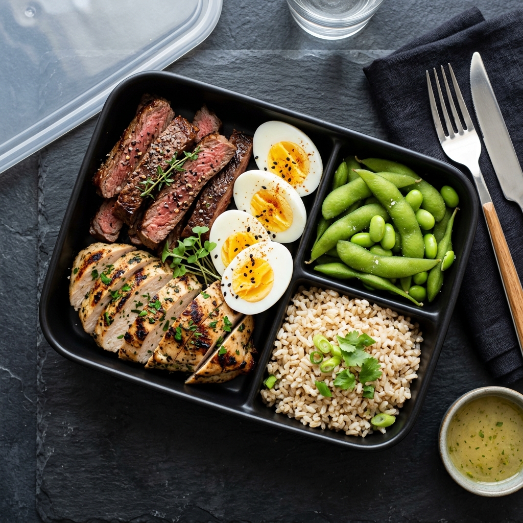 A high-protein fitness meal featuring steak strips, turkey breast, hard-boiled eggs, edamame, and brown rice.