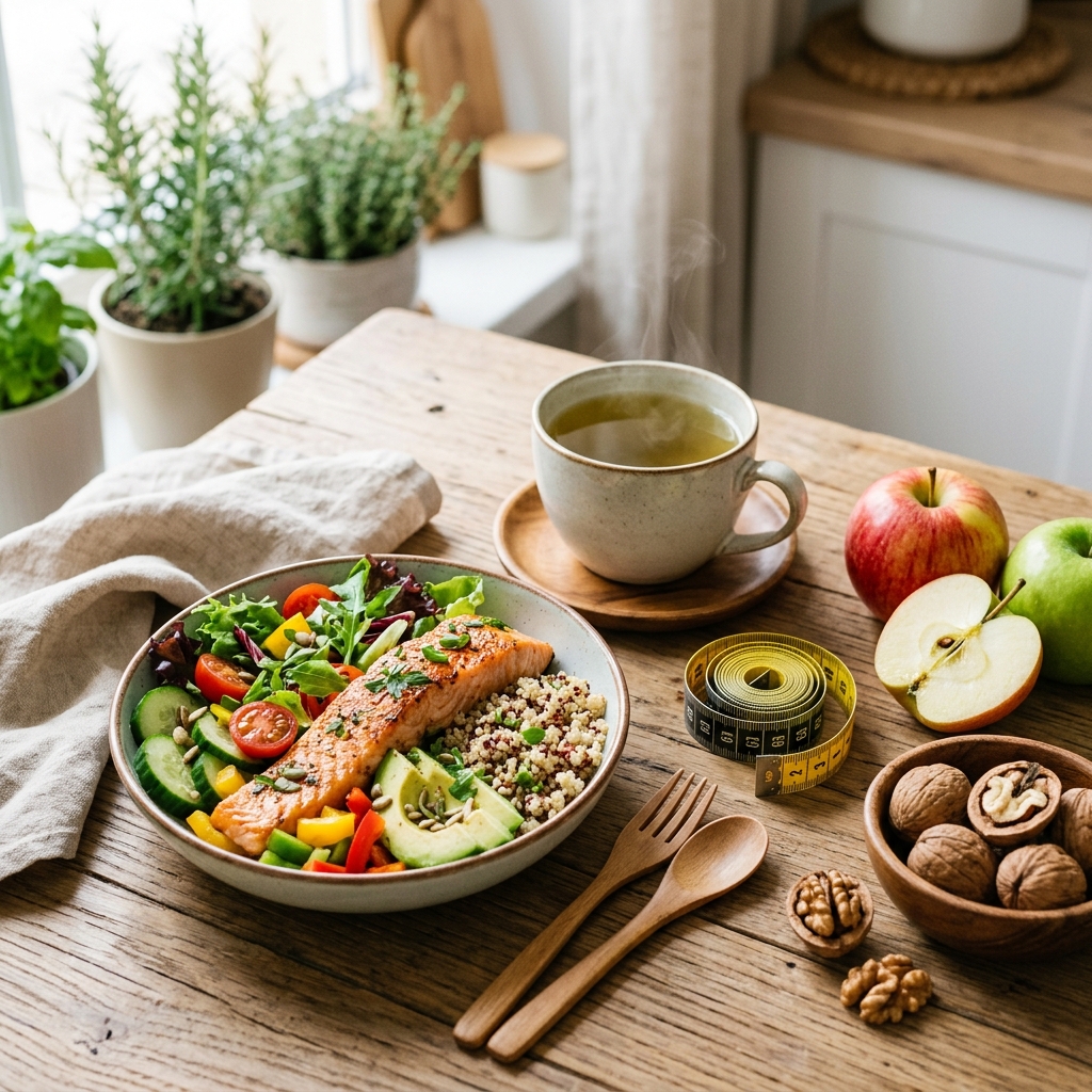 A portion-controlled meal bowl alongside fresh green tea, a measuring tape, fresh apples, and walnuts.