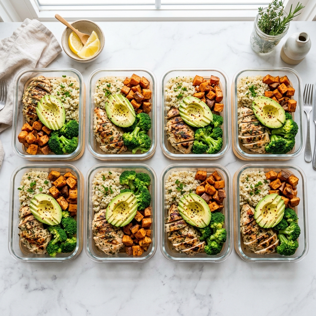 A balanced, colorful meal prep setup with lean protein, sweet potatoes, and leafy greens.