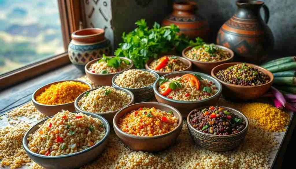 A colorful Peruvian Andean market display with ancient quinoa grains, maca powder, purple corn, and fresh produce.