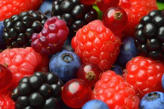 A vibrant heap of fresh dark berries, wild bilberries, and purple grapes rich in vascular-protecting anthocyanin pigment compounds.