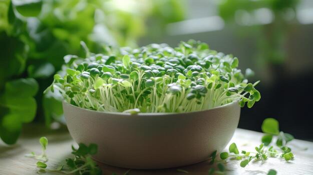 Vibrant organic green broccoli sprouts packed with cellular-repairing sulforaphane, shot close-up to show delicate sprouting stems.