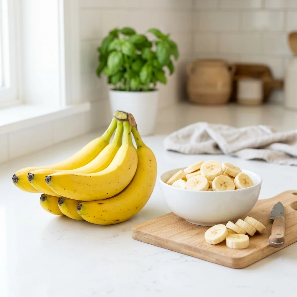 Fresh ripe yellow bananas whole and sliced displaying high potassium and gut-nourishing resistant starch nutrition.