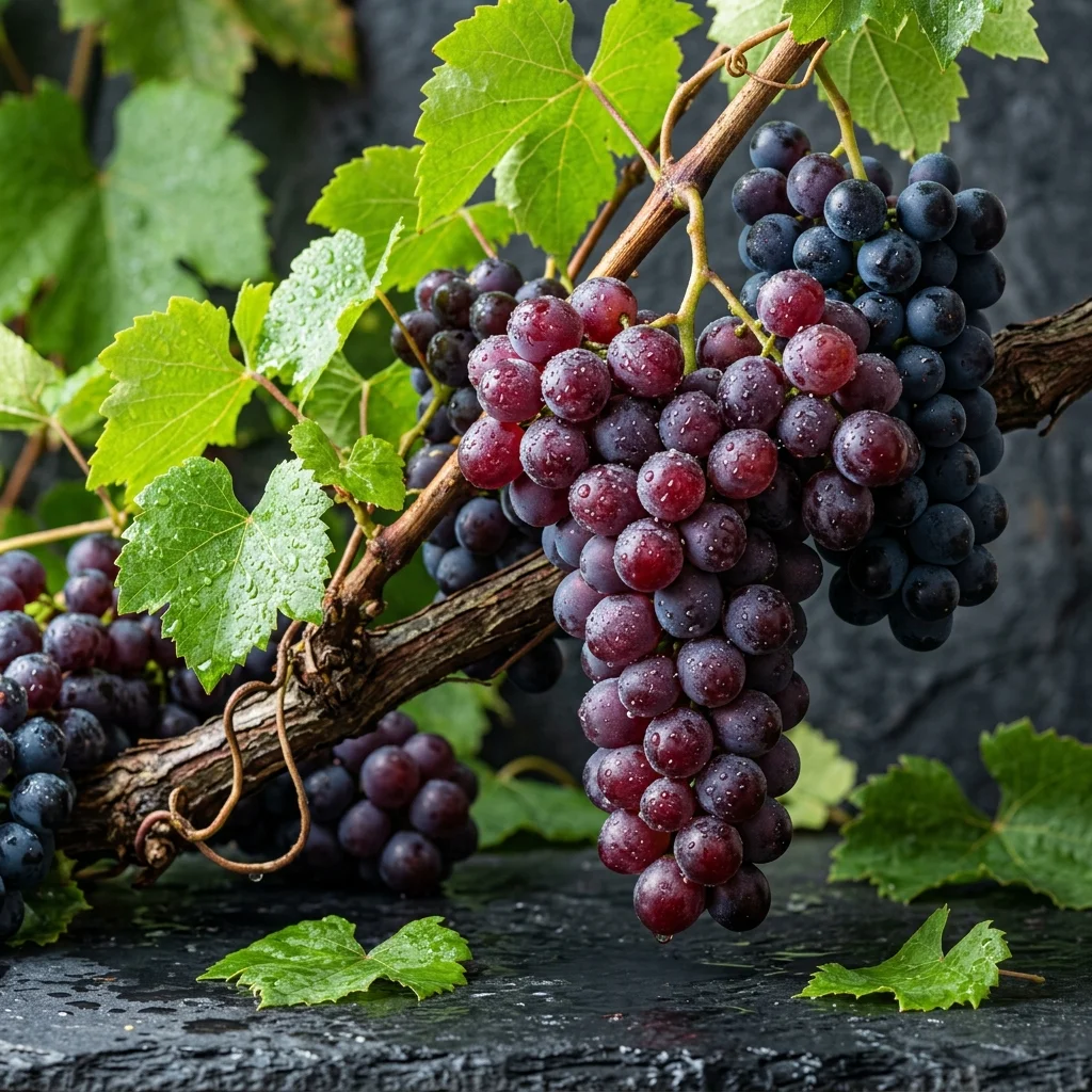 Clustered organic dark red and purple grapes on the vine displaying rich skin anthocyanins and resveratrol polyphenols.