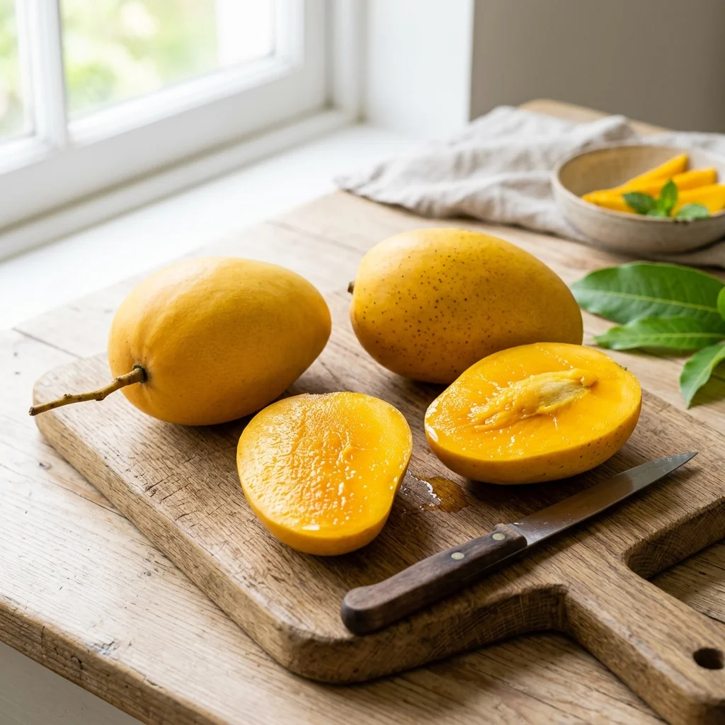 Fresh vibrant Pakistani Chaunsa and Sindhri mangoes displaying golden yellow skin and juicy orange-yellow polyphenol-rich flesh.