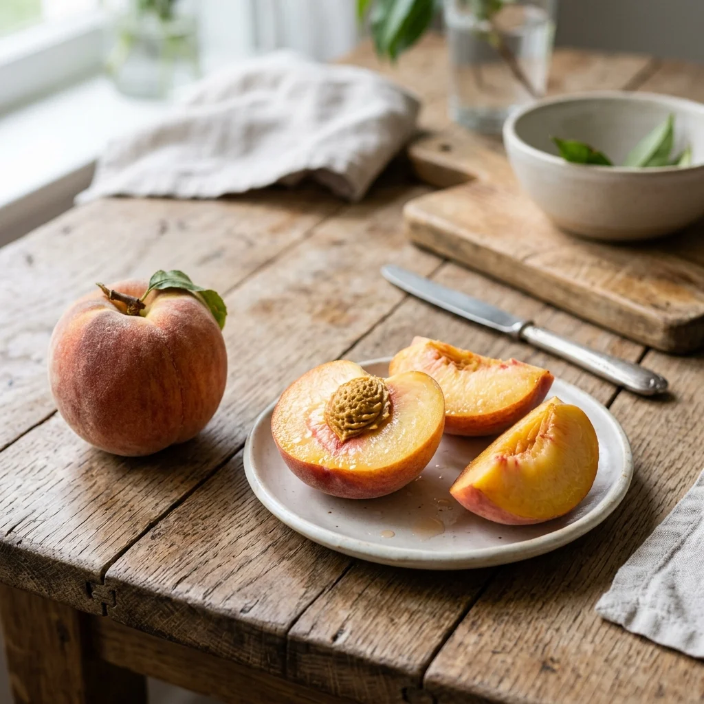 Fresh ripe peaches with fuzzy golden-red skin and one sliced fruit showing juicy yellow flesh.