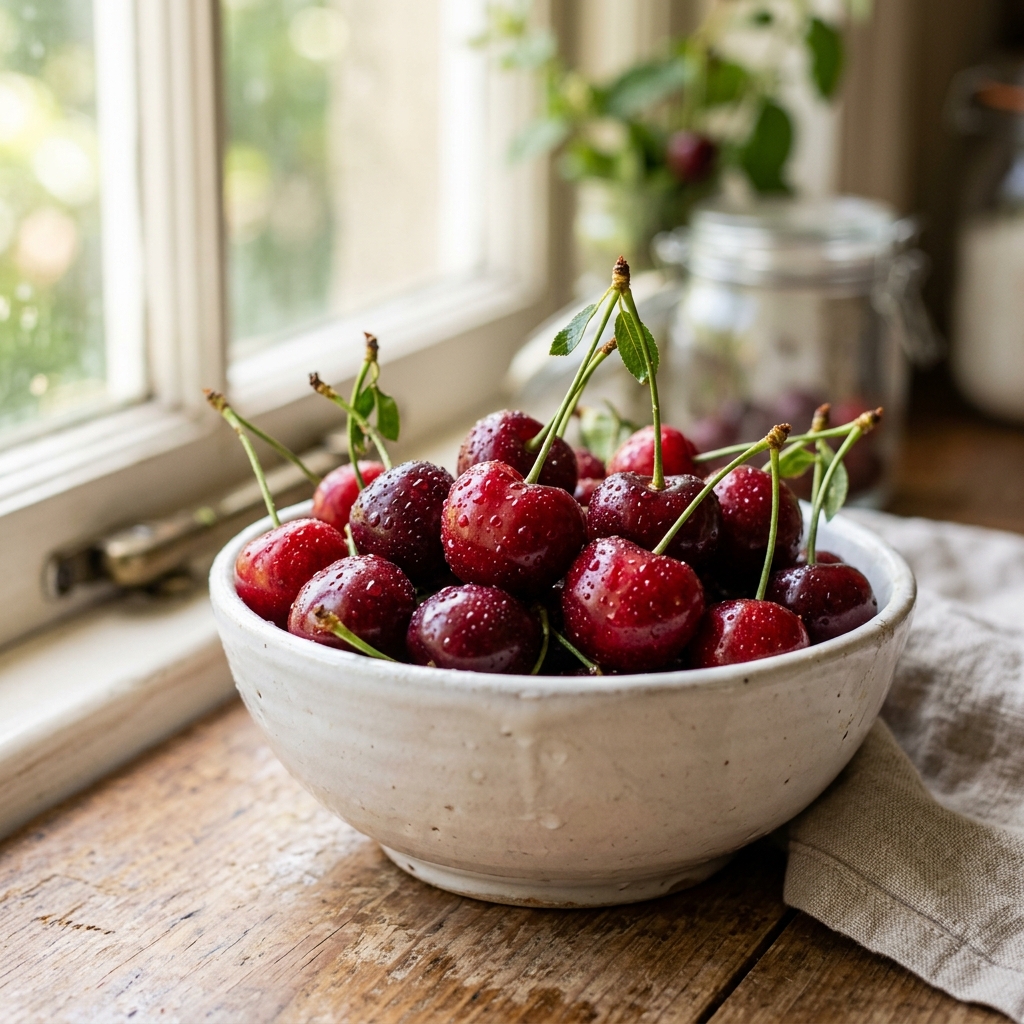 Glossy deep red sweet and tart cherries with green stems in a white ceramic bowl with water droplets.