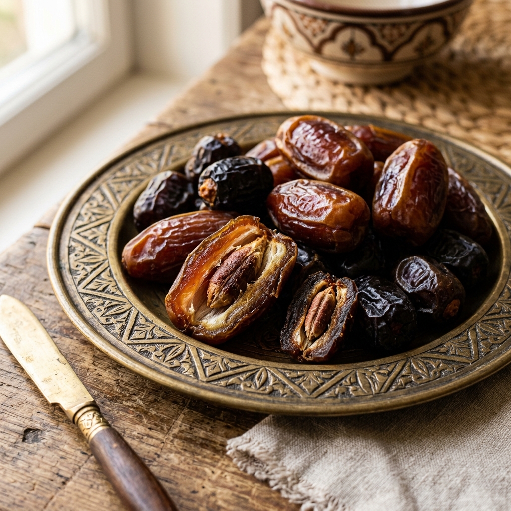 Plump Medjool and Ajwa dates arranged on a brass plate with soft fibrous interiors showing pits.