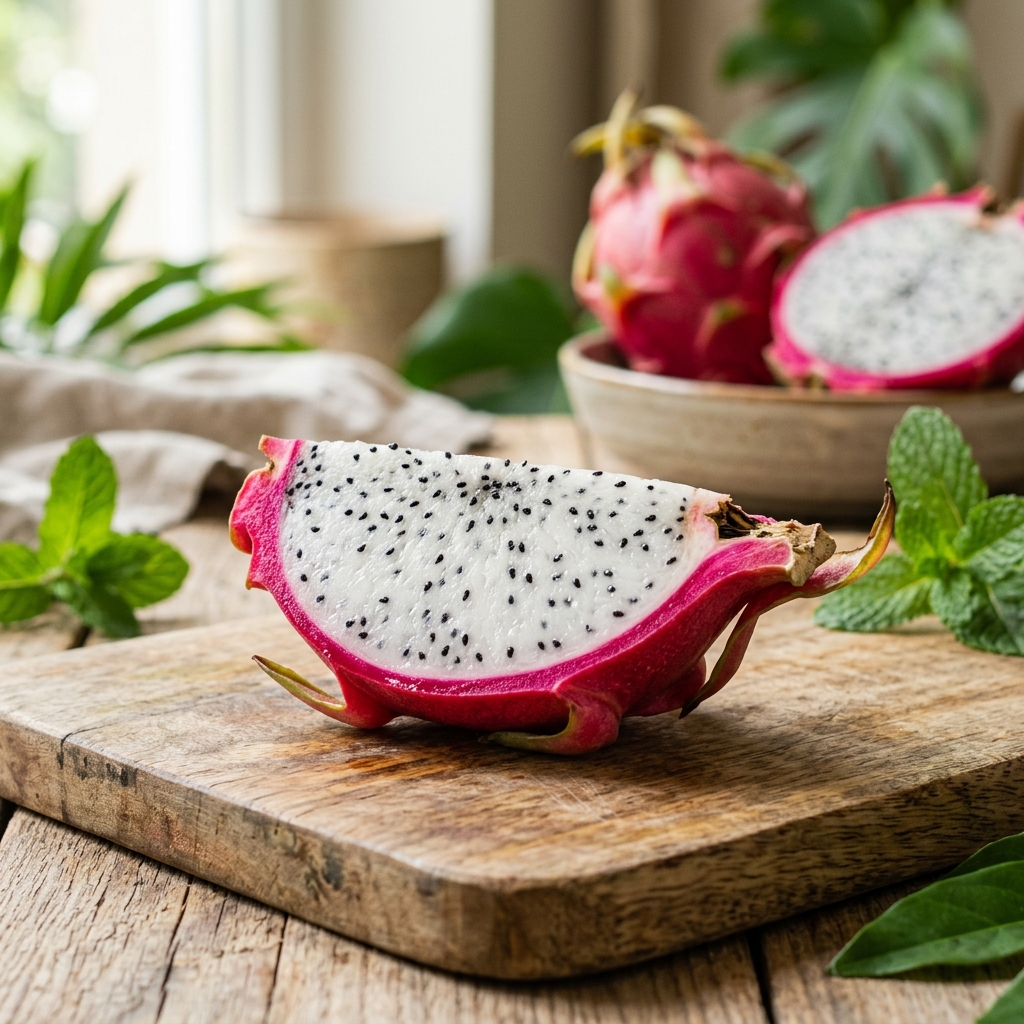 Vibrant sliced red and white dragon fruit (pitaya) with black seeds on a wooden table, highlighting prebiotic oligosaccharides and antioxidant benefits.