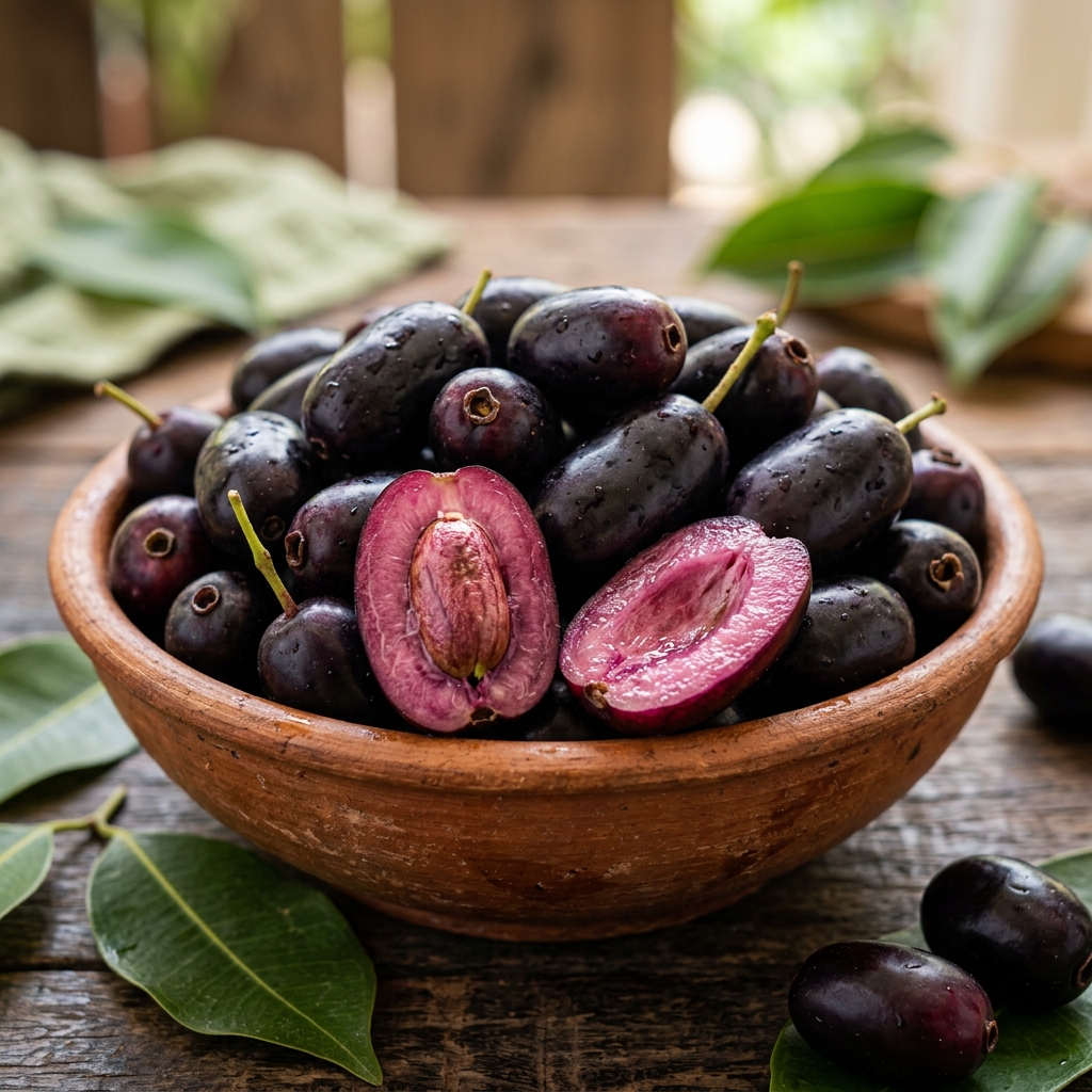 Fresh ripe jamun or Java plum fruits with glossy dark-purple skin and purple flesh.