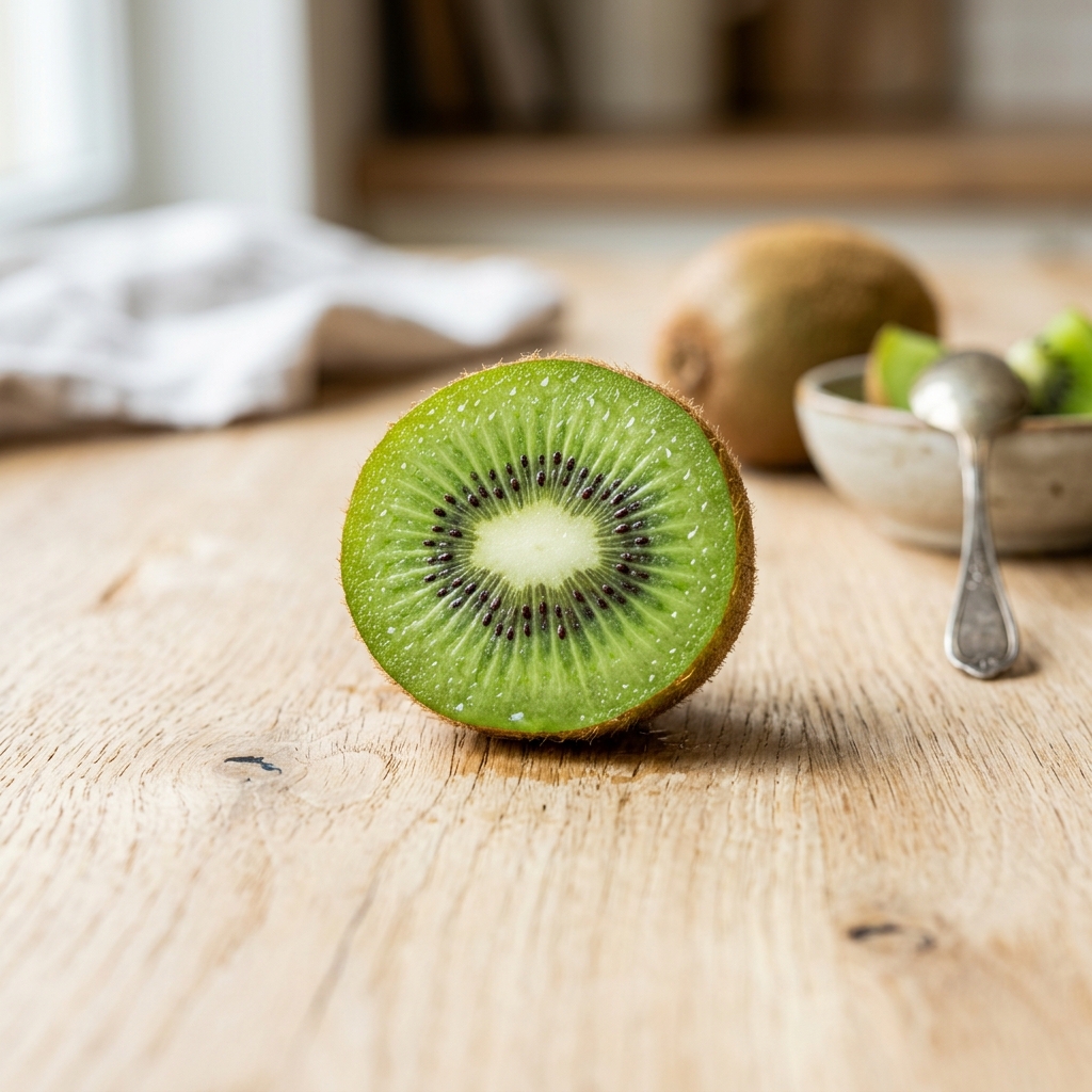Fresh sliced green kiwi fruit showing vibrant seed pattern, highlighting actinidin protein digestion and high Vitamin C benefits.
