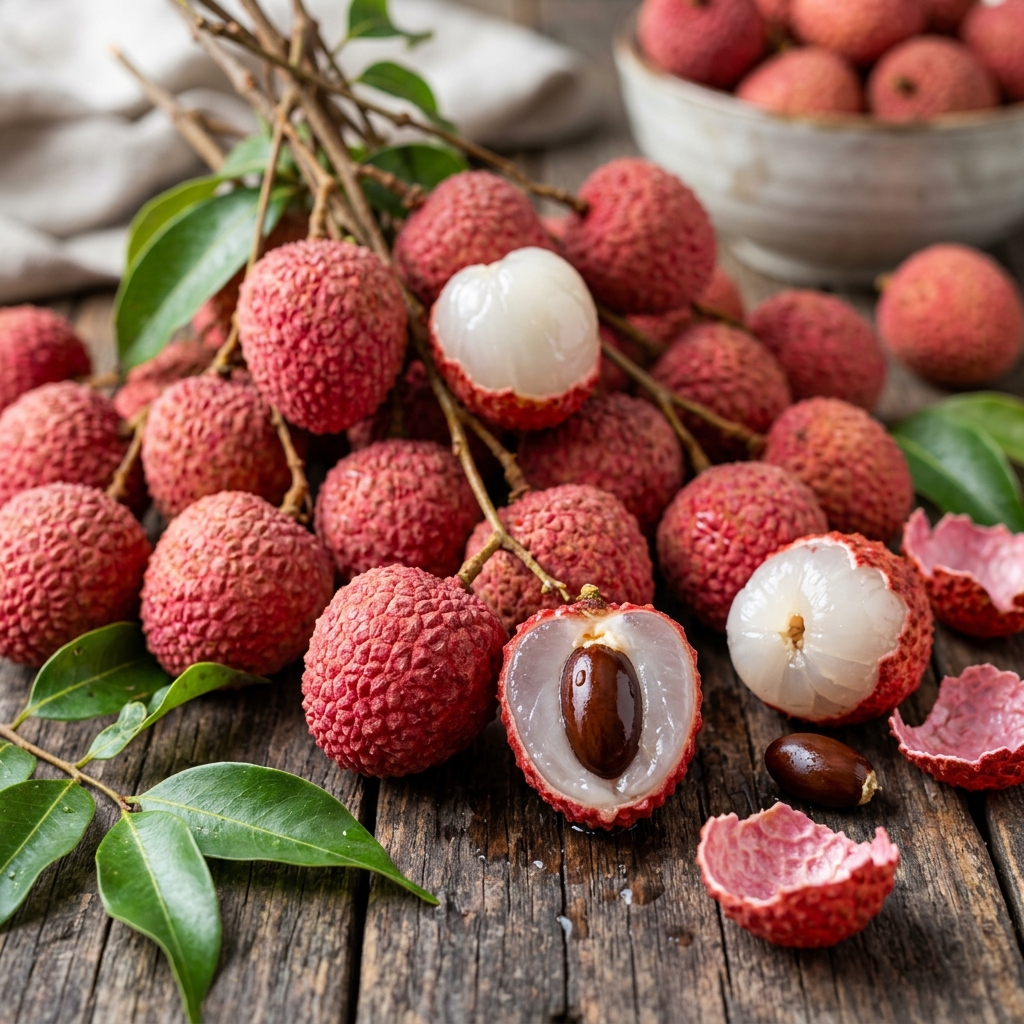 Fresh red lychee fruits with peeled translucent white aril flesh showing delicate texture on a rustic surface.