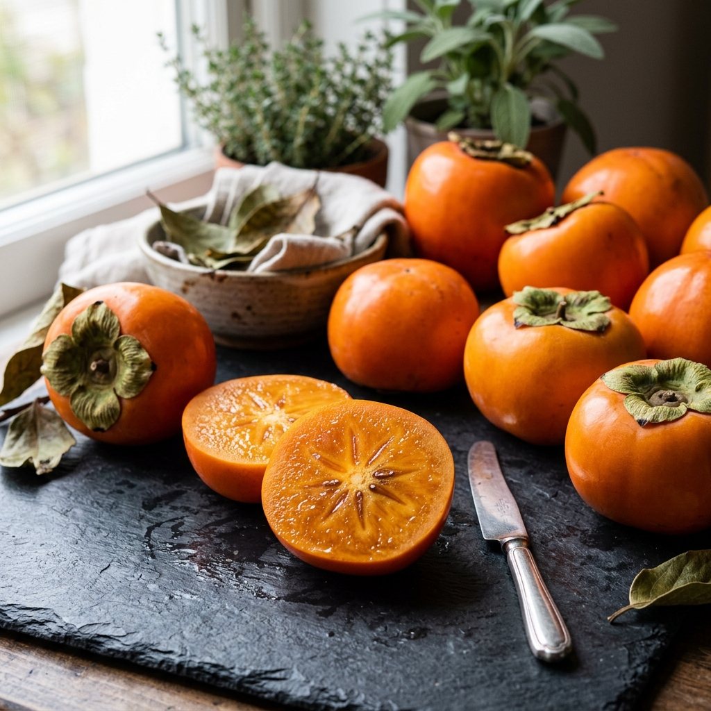 Ripe orange Hachiya and Fuyu persimmons (japani phal) whole and sliced in half showing soft gelatinous pulp.