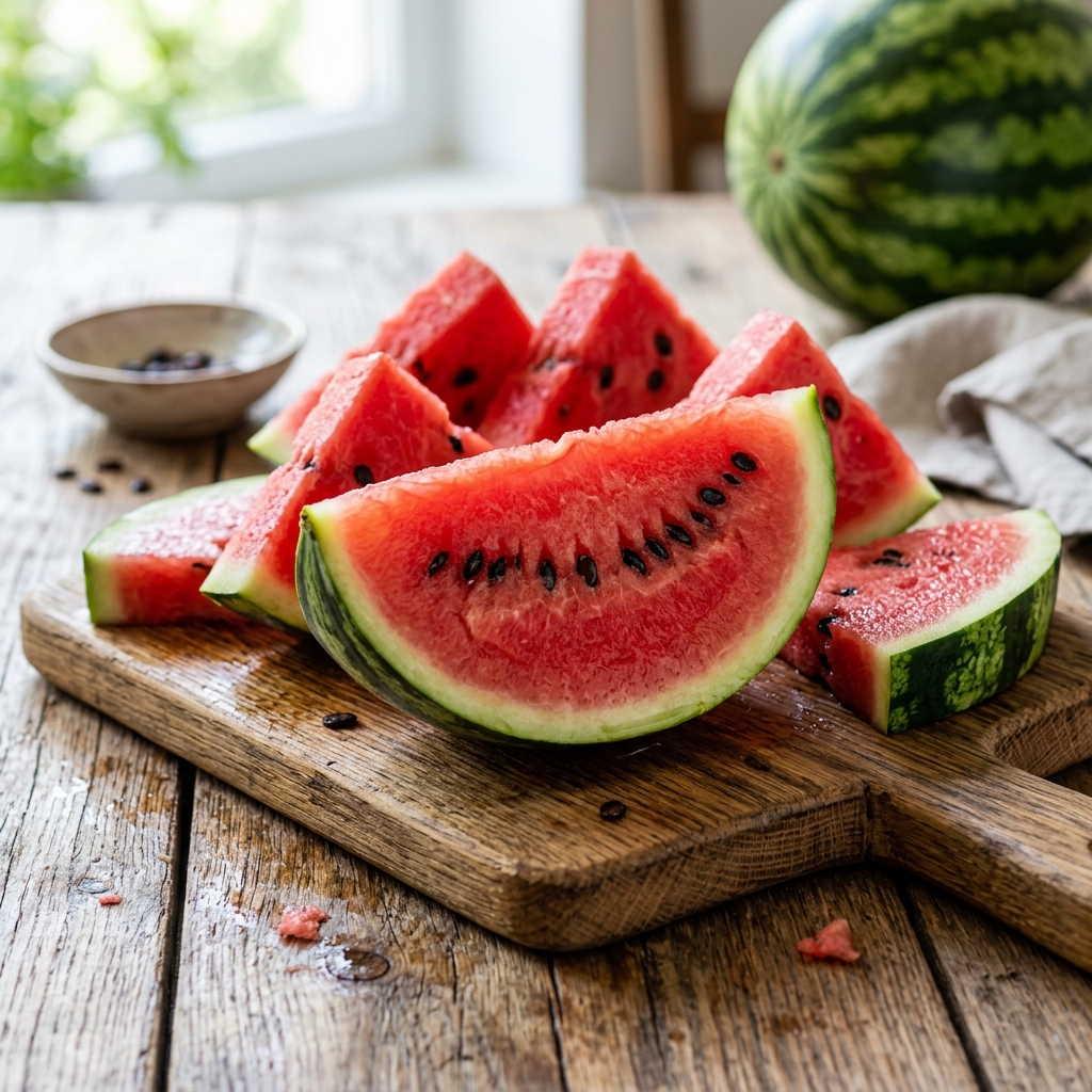 Freshly sliced vibrant red watermelon wedges showing crisp black seeds alongside dark green striped rind.
