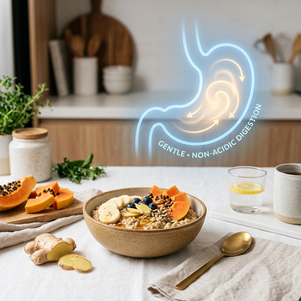 A comforting bowl of cooked oatmeal with sliced papaya and fresh ginger root on a clean white surface.