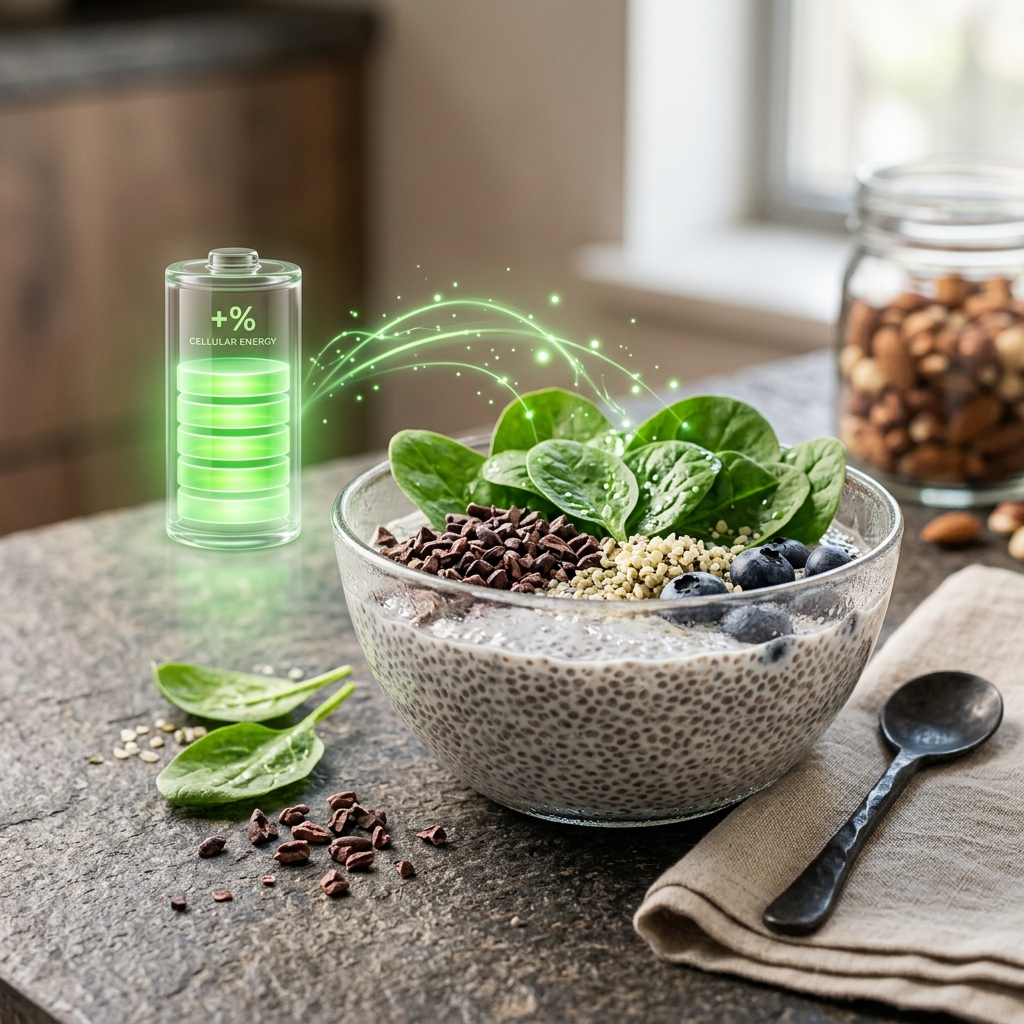 A bright breakfast table featuring a glass of soaked chia pudding, raw cacao nibs, and fresh green spinach.