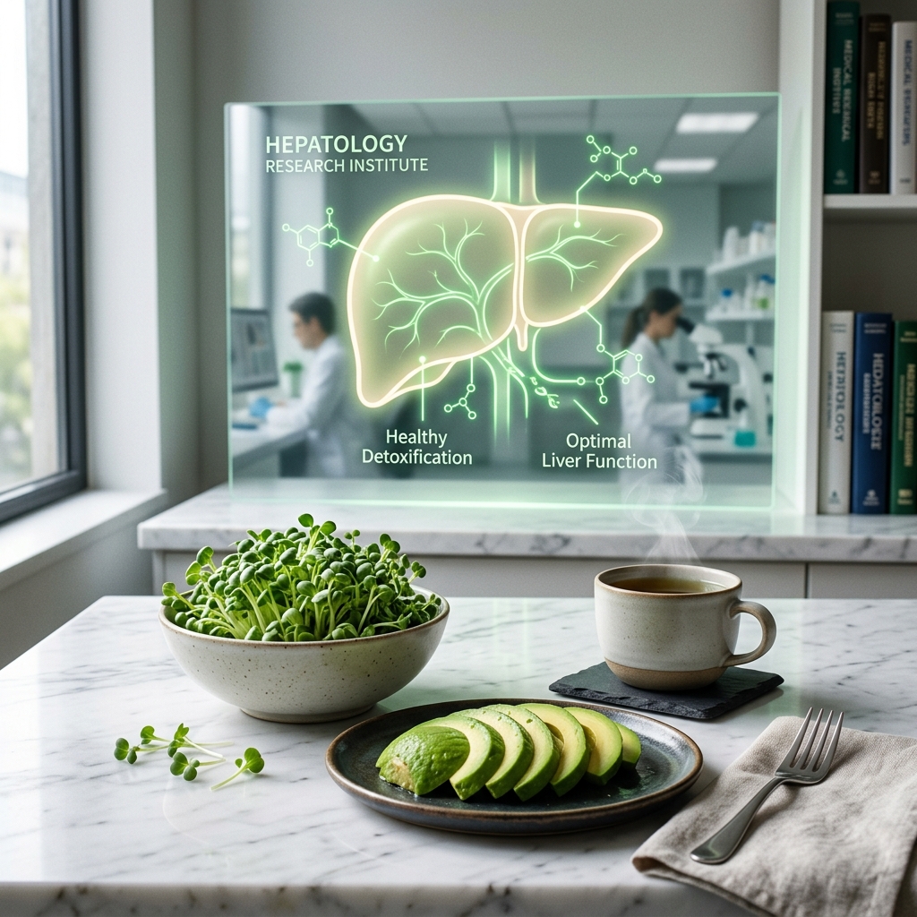 A wooden board displaying a sliced avocado, a fresh broccoli head, and a cup of warm green tea.