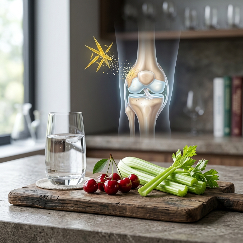 A bowl of fresh sweet cherries next to sliced celery stalks and a glass of clean water on a table.