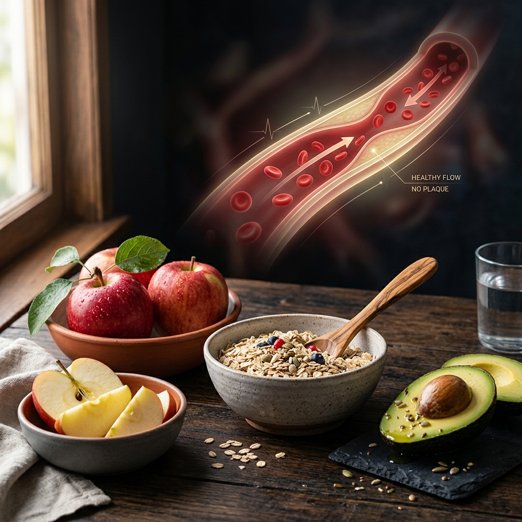 A wooden table featuring a bowl of whole oats, a red apple, and a halved fresh avocado.