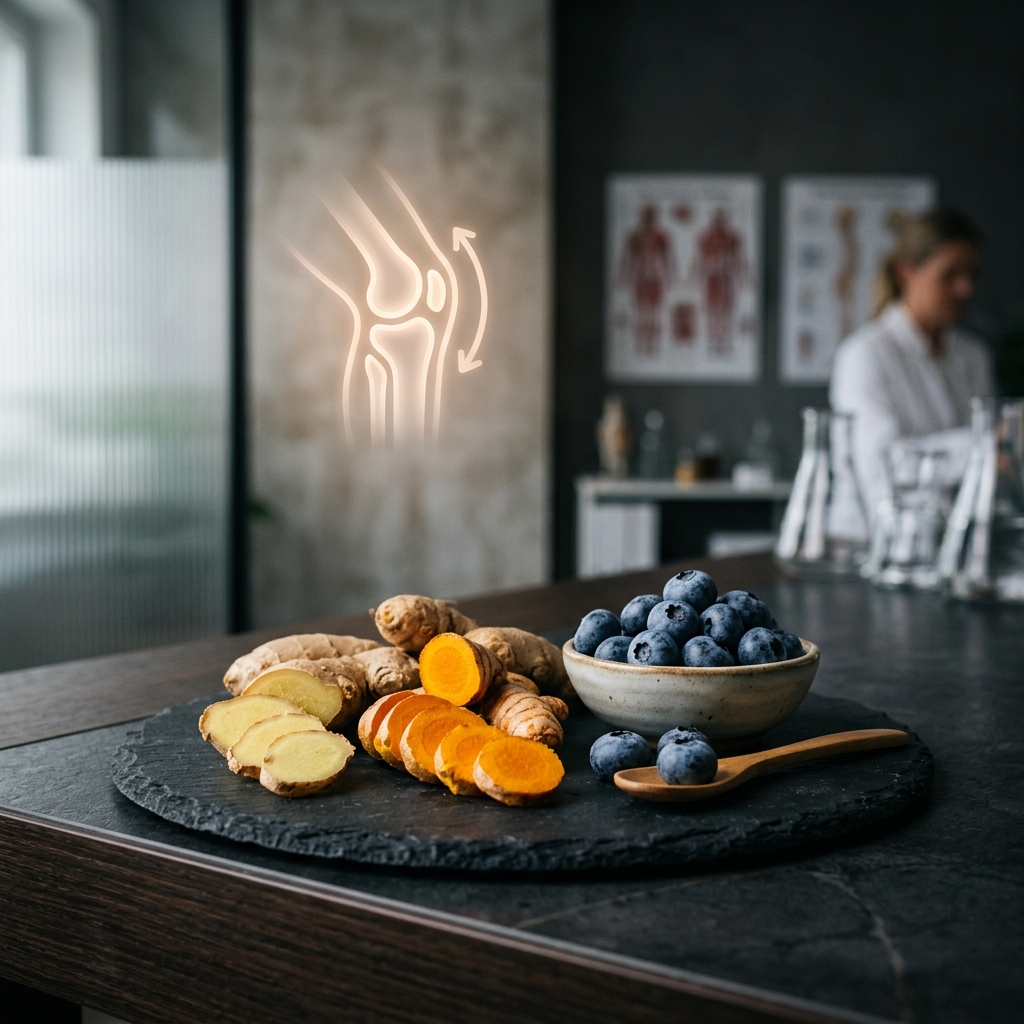 Fresh orange turmeric roots, sliced ginger, and a bowl of fresh blueberries on a slate platter.
