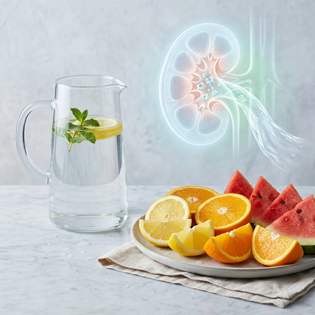 A pitcher of water with freshly sliced lemons and oranges next to a ripe watermelon slice on a kitchen counter.