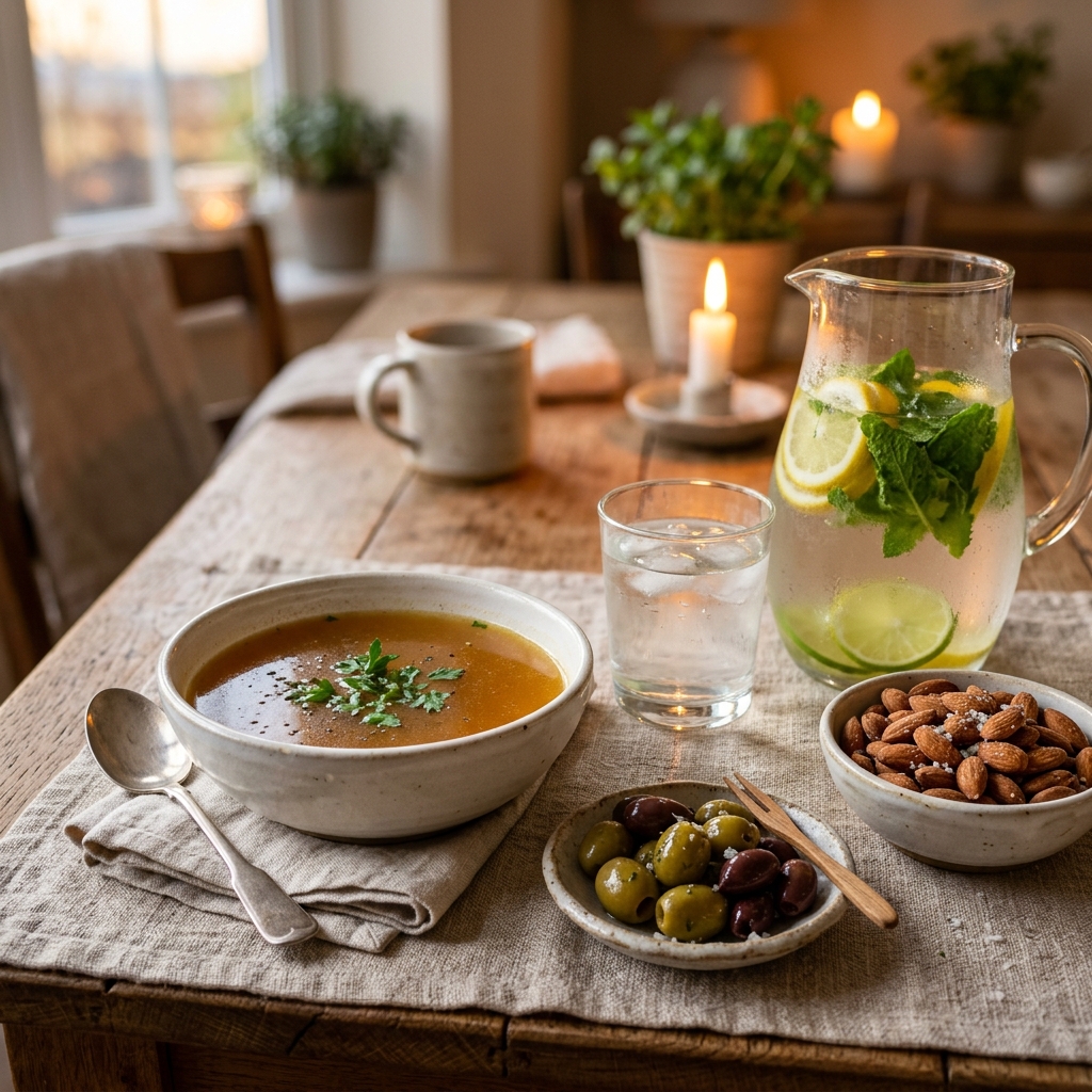 A table spread featuring bone broth in a ceramic bowl, salted olives, mint citrus water, and roasted almonds.