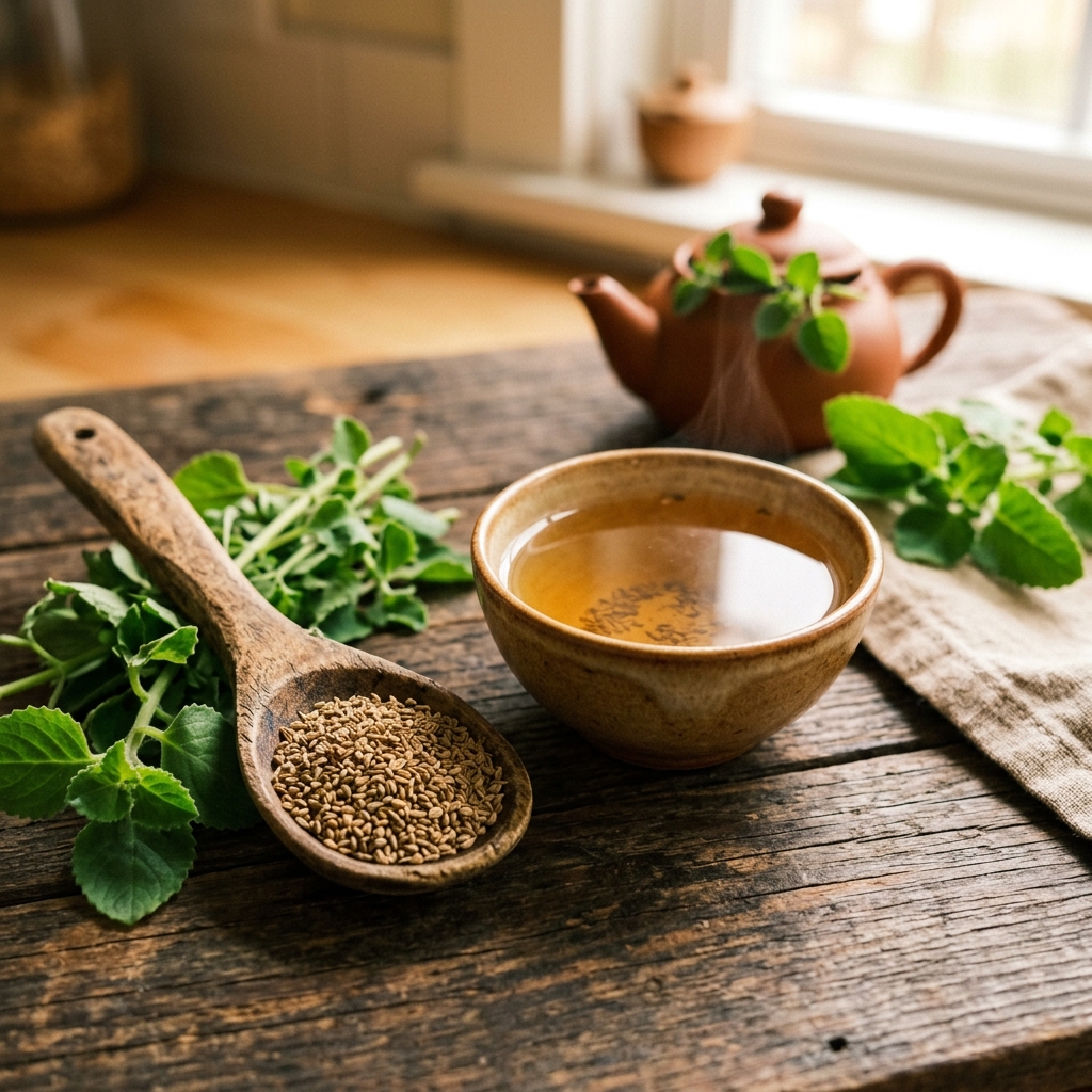 A small wooden bowl of aromatic carom seeds (ajwain) next to fresh green ajwain plant leaves, highlighting thymol digestive benefits.