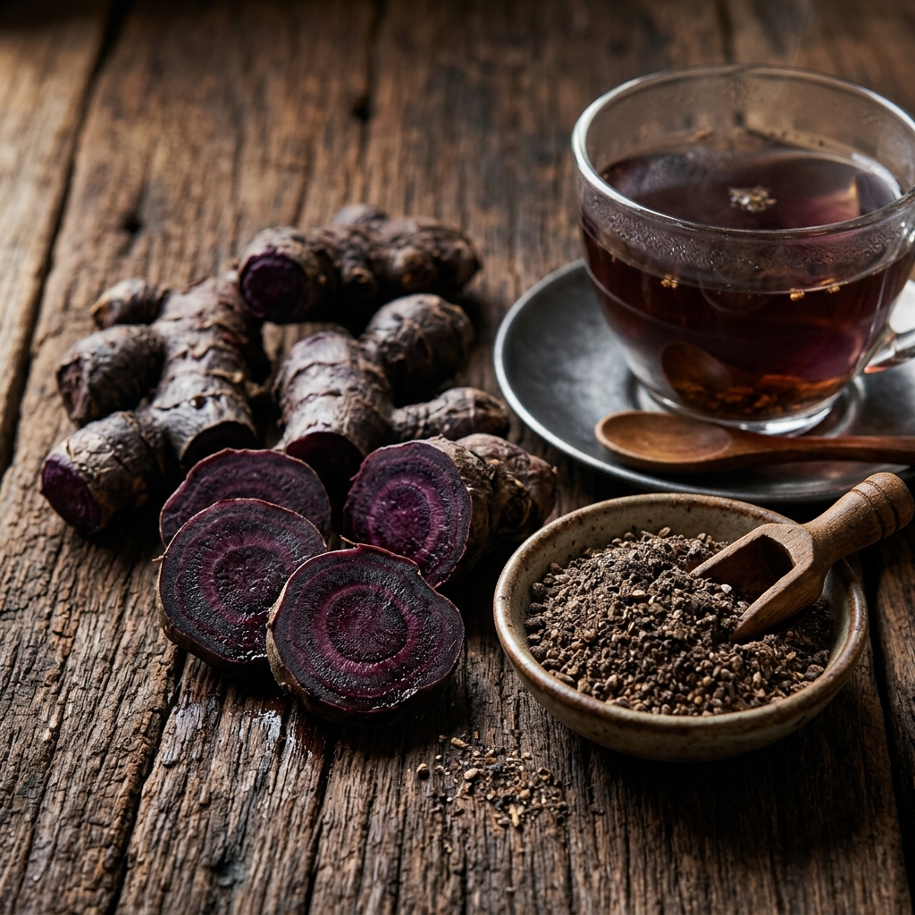 Sliced fresh black ginger roots showing deep purple-black interior cross-sections alongside herbal tea on a wooden table.
