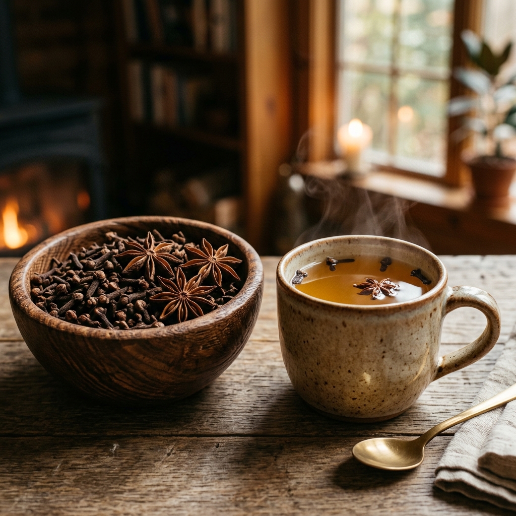 Rustic wooden bowl filled with whole dried cloves and star anise next to a glass of golden clove water, highlighting eugenol antioxidant benefits.