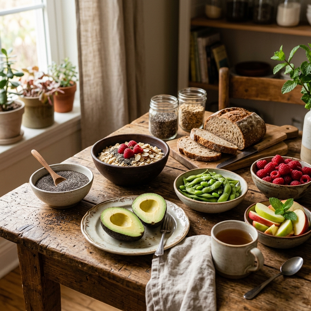 A rustic kitchen table filled with high-fiber chia seeds, avocados, sliced apples, raspberries, edamame, and oats.