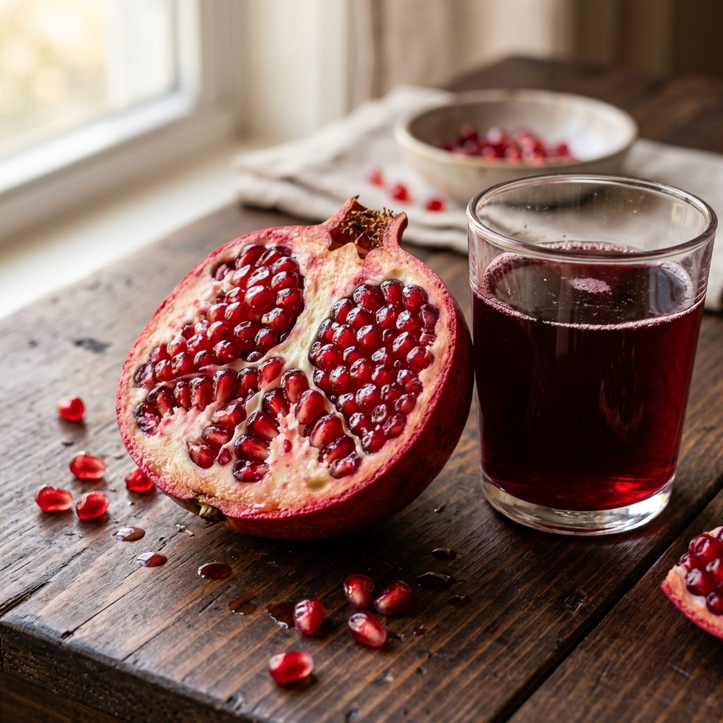 Fresh ripe red pomegranate opened to reveal juicy ruby-colored edible arils beside a small glass of pomegranate juice.