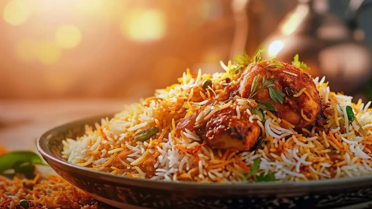A steaming plate of authentic layered Karachi biryani with long-grain basmati rice, tender yogurt-marinated meat, and saffron.