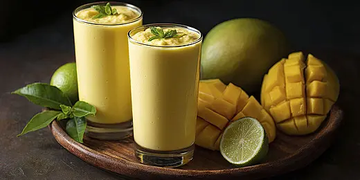 A glass of probiotic mango lassi garnished with saffron strands and ground cardamom next to fresh organic mango slices on a table.