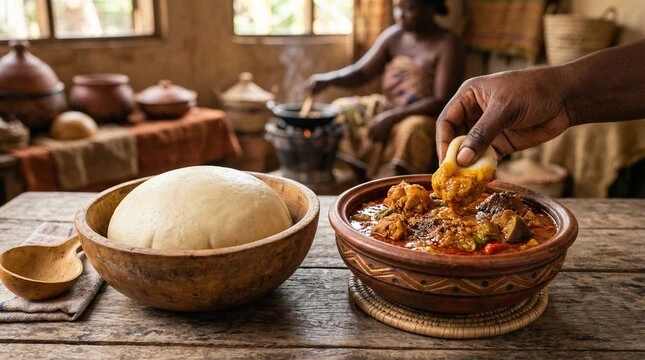 Smooth, elastic traditional West African Fufu served in a bowl with rich egusi soup.