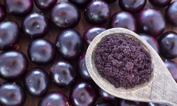 A fresh purple acai berry bowl topped with organic oats, seeds, and sliced fresh fruits showing antioxidant-rich ingredients.