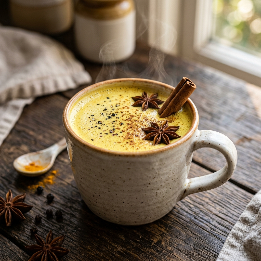 Warm golden turmeric milk in a ceramic mug with turmeric, cinnamon and black pepper on a wooden table.