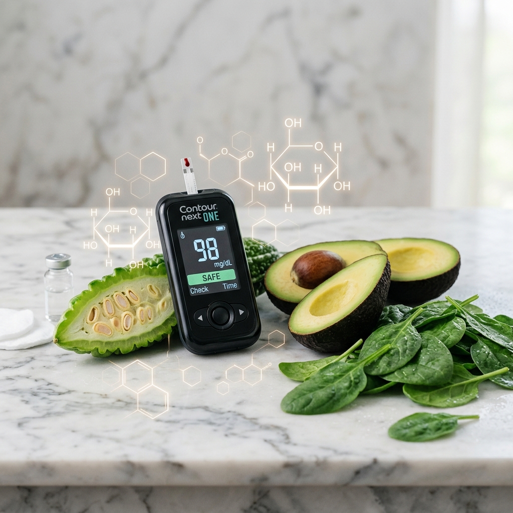 A collection of fresh green vegetables, sliced avocado, and a whole bitter melon on a light marble tabletop.