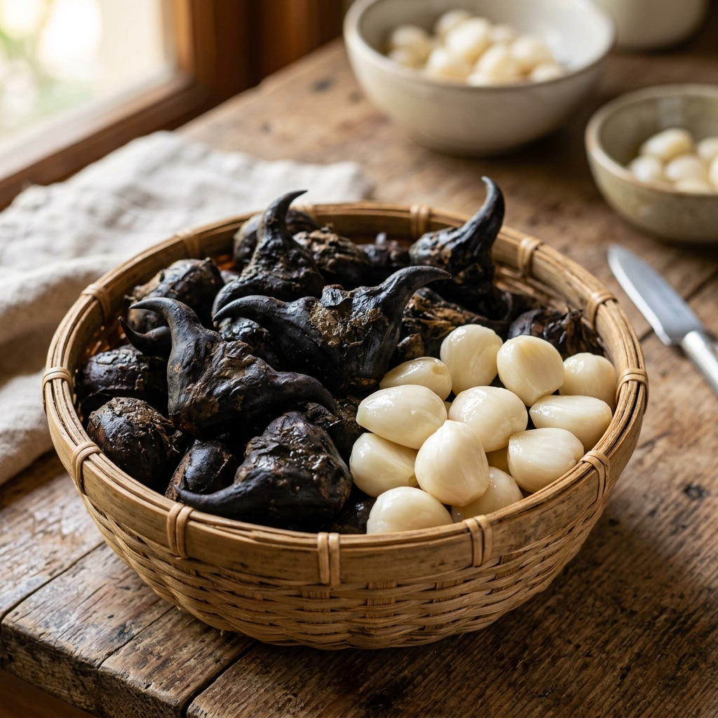 Fresh dark horned water chestnuts (singhara) in a woven basket alongside crisp white peeled kernels.
